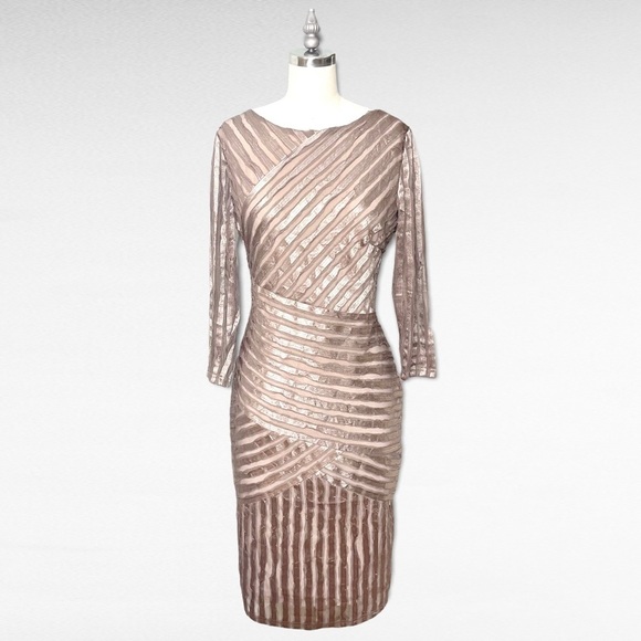 REISS Rebecca Bodycon Sheath Dress Mink Metallic Stripe 8 Evening Wear New Years - Picture 2 of 10